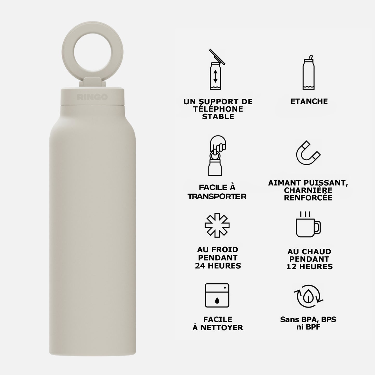 Bouteille MagSafe Ringo Pro beige 710 ml avec téléphone fixé